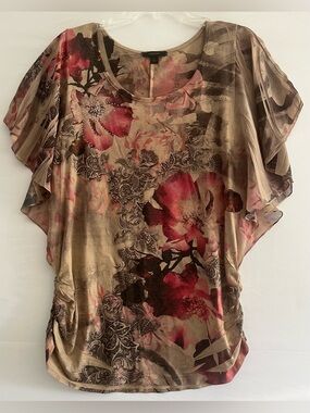 Espresso Floral Flutter Sleeve Studded Whimsical Boho Top L